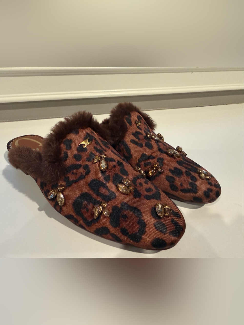 Leopard Print Faux-Fur Slide Slippers with Jewel Accents - Brown